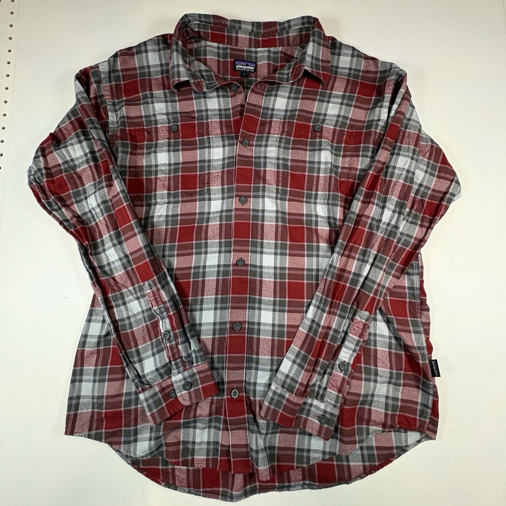Patagonia Long Sleeve Plaid Button Up Shirt Mens Large Gray Red Organic Cotton